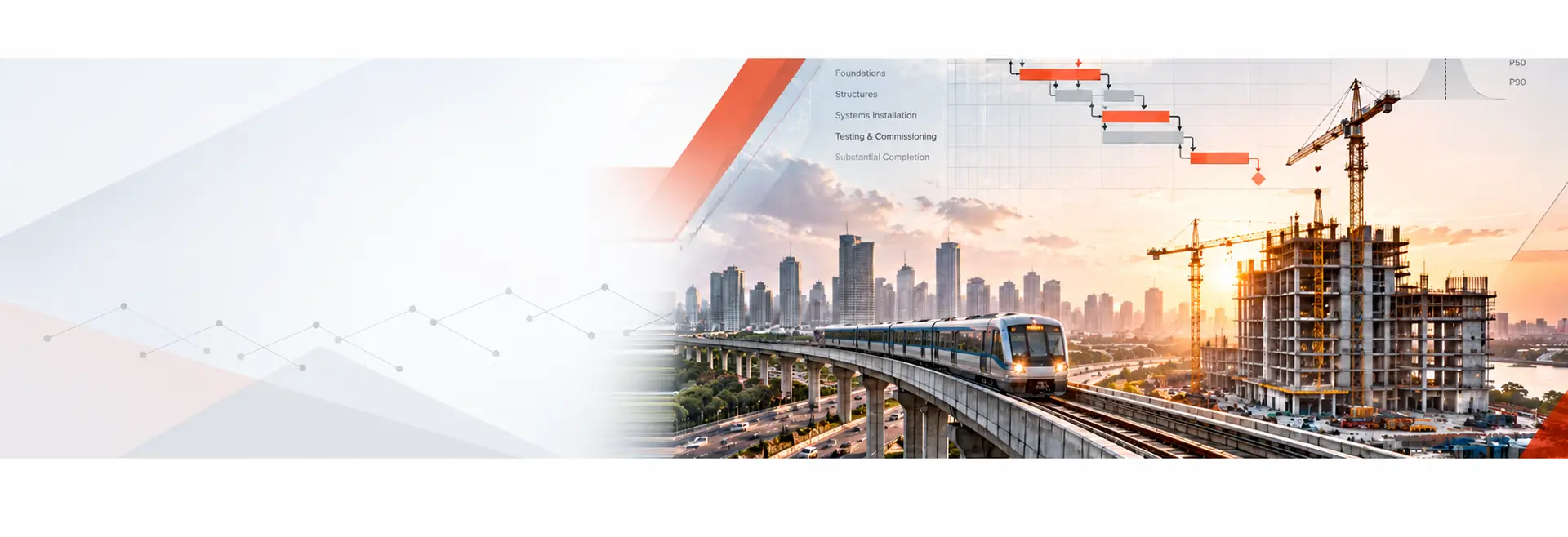 PROMAC Consulting CPM schedule, risk analysis, and project controls banner over a city skyline construction and transit project